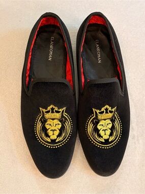 Elanroman Black Velvet Slip-On Evening Loafers Gold Lion Crest Sz 44/10
